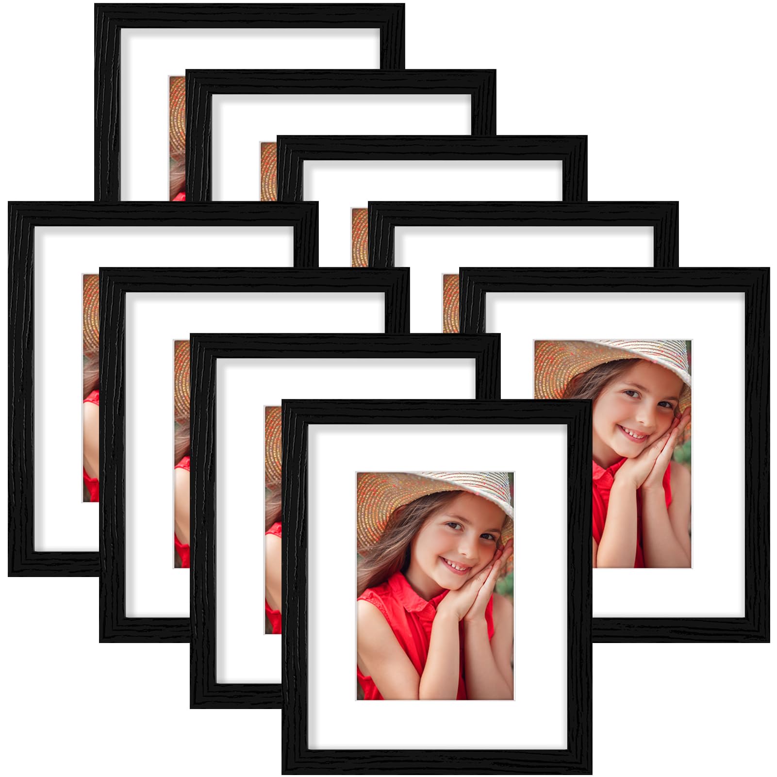 Vittanly 8x10 Picture Frames Set of 9, Display 5x7 Pictures with Mat or 8x10 without Mat, Collage Frames for Wall or Tabletop, Engineered Wood, Black