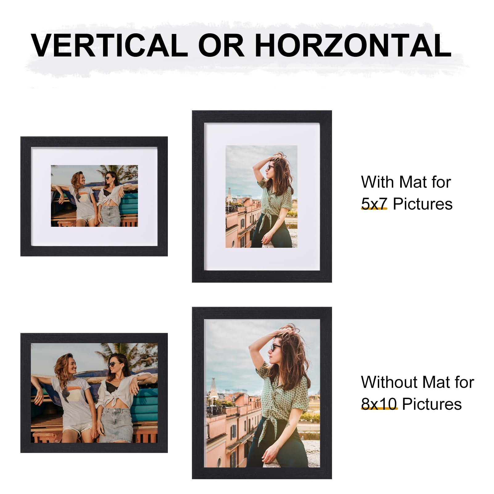 Vittanly 8x10 Picture Frames Set of 9, Display 5x7 Pictures with Mat or 8x10 without Mat, Collage Frames for Wall or Tabletop, Engineered Wood, Black