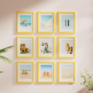 Vittanly 11x14 Picture Frame, Engineered Wood with Shatter Resistant Plexiglass, Display Pictures 8x10 with Mat or 11x14 without Mat, Photo Frame for Wall or Table Top Display, Yellow, 1 Pack