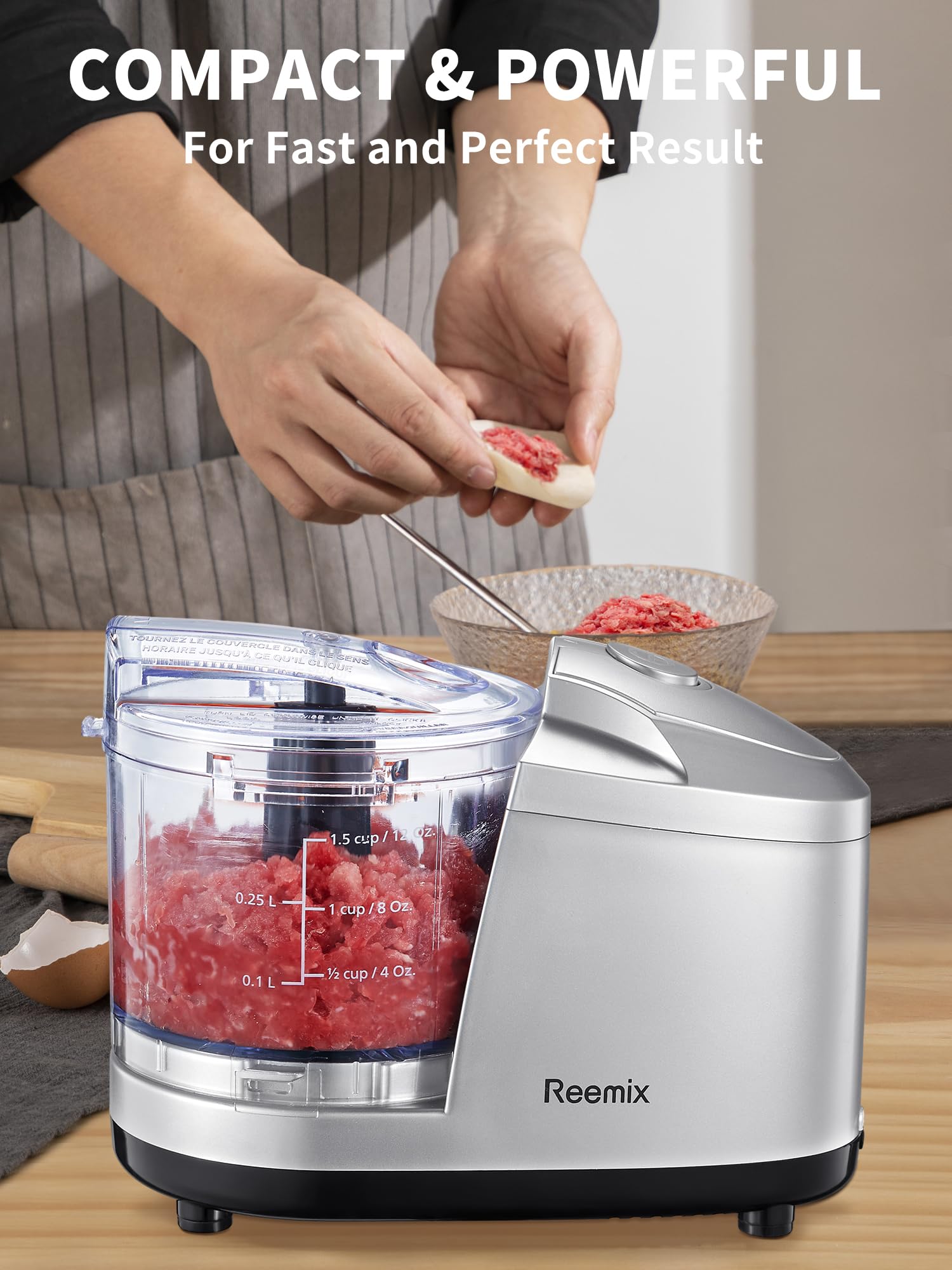 1.5-Cup One-Touch Electric Food Chopper, 100W Mini Food Processor Meat Grinder, Mix, Chop, Mince and Blend Vegetables, Fruits, Nuts, Meats, Stainless Steel Blade (Silver)