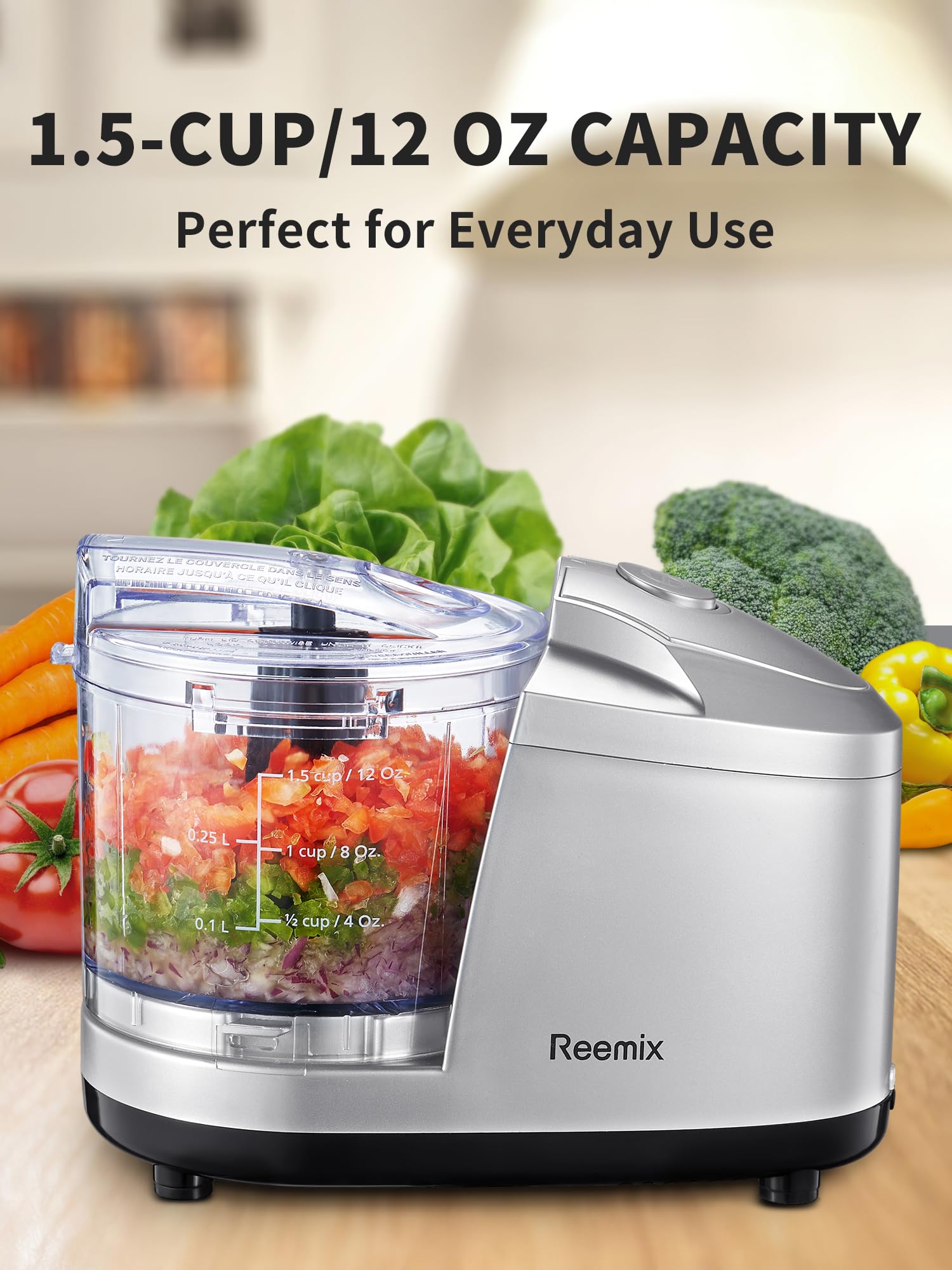 1.5-Cup One-Touch Electric Food Chopper, 100W Mini Food Processor Meat Grinder, Mix, Chop, Mince and Blend Vegetables, Fruits, Nuts, Meats, Stainless Steel Blade (Silver)