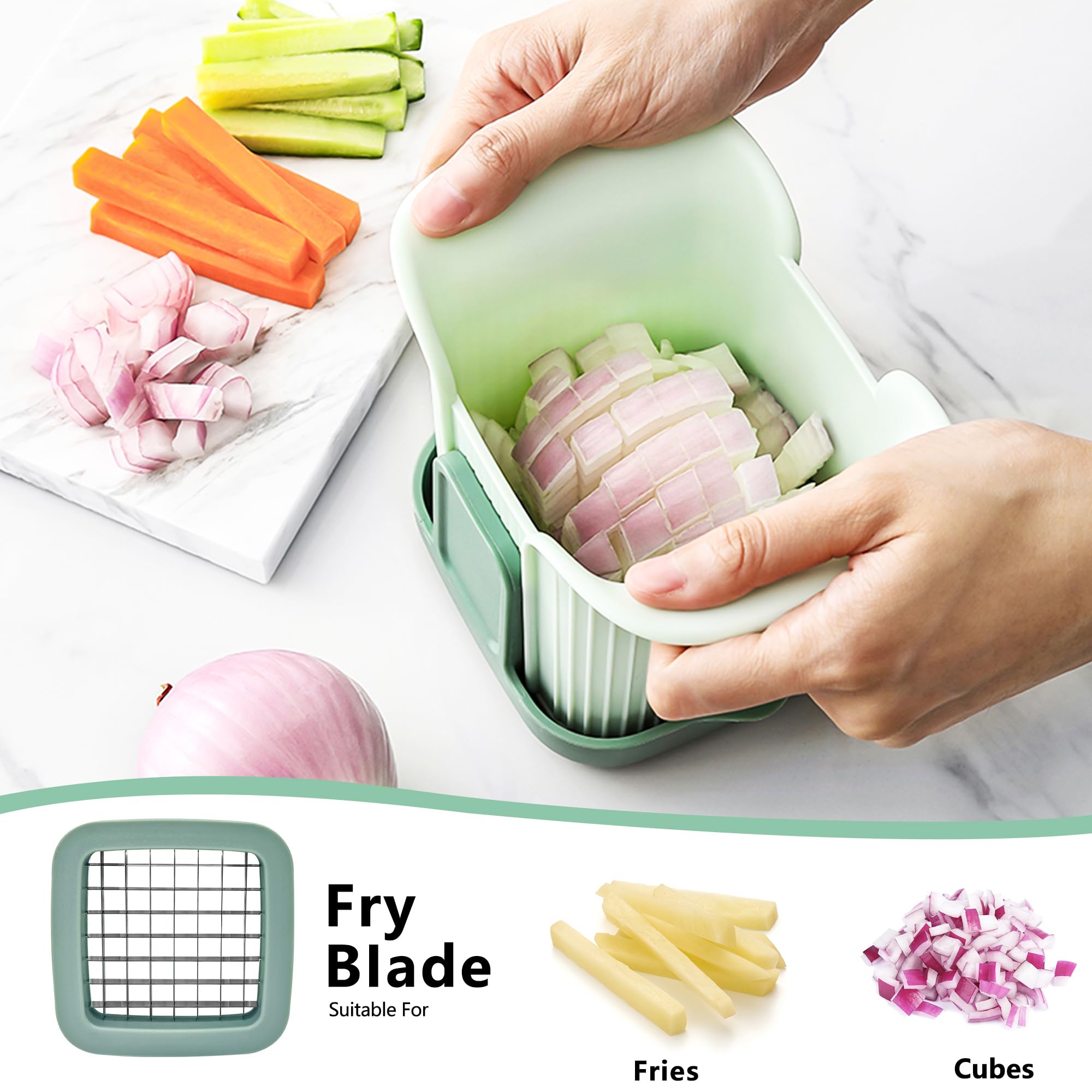 ITELLY Green 2-in-1 French Fry Cutter - Potato Cutter for Fries - Potato French Fry Cutter - French Fries Cutter - Vegetable Cutter - Food Chopper Manual Hand - Veggie Cutter - Vegetable Chopper