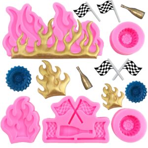 rainmae flame fondant molds, car tire fondant mold, hot fire silicone molds, round tire mold, truck wheel shape mold for sugar cake decoration cupcake topper candy chocolate gum paste polymer clay