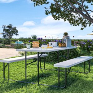 yitahome 6ft large folding picnic table w/easy assembly steel frame & wood like tabletop, all weather folding picnic tables with benches ideal for yard patio lawn party, white