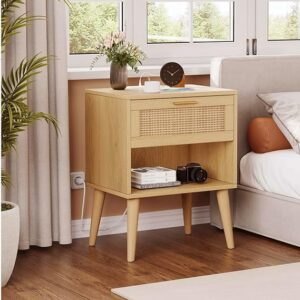 Irontar Nightstands Set of 2, Night Stands with Charging Station & Rattan Drawer, Boho Style Bed Side Tables with Solid Legs, Accent End Table with Open Storage for Bedroom, Natural BZZ007ME02