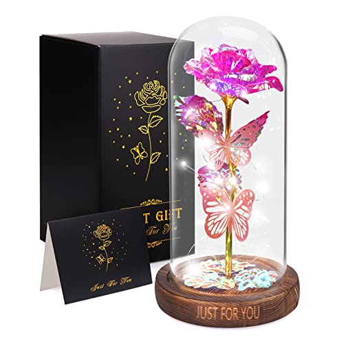 WOKEISE Light Up Rose Butterfly in Glass Dome,Birthday Gifts for Women, Anniversary Flower Lighted Roses Gifts for Women,Wife,Mom, Grandma,Girlfriend,Teenage Girls,Sister-Pink