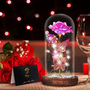 WOKEISE Light Up Rose Butterfly in Glass Dome,Birthday Gifts for Women, Anniversary Flower Lighted Roses Gifts for Women,Wife,Mom, Grandma,Girlfriend,Teenage Girls,Sister-Pink