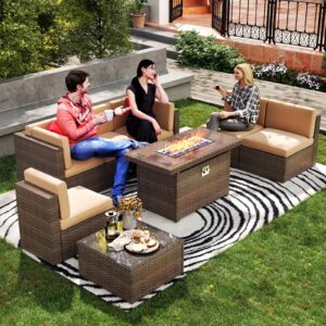 Aoxun Patio Furniture Set 8PCS with 40" Fire Pit Table Outdoor Sectional Sofa Set Wicker Furniture Set with Coffee Table(Brown)