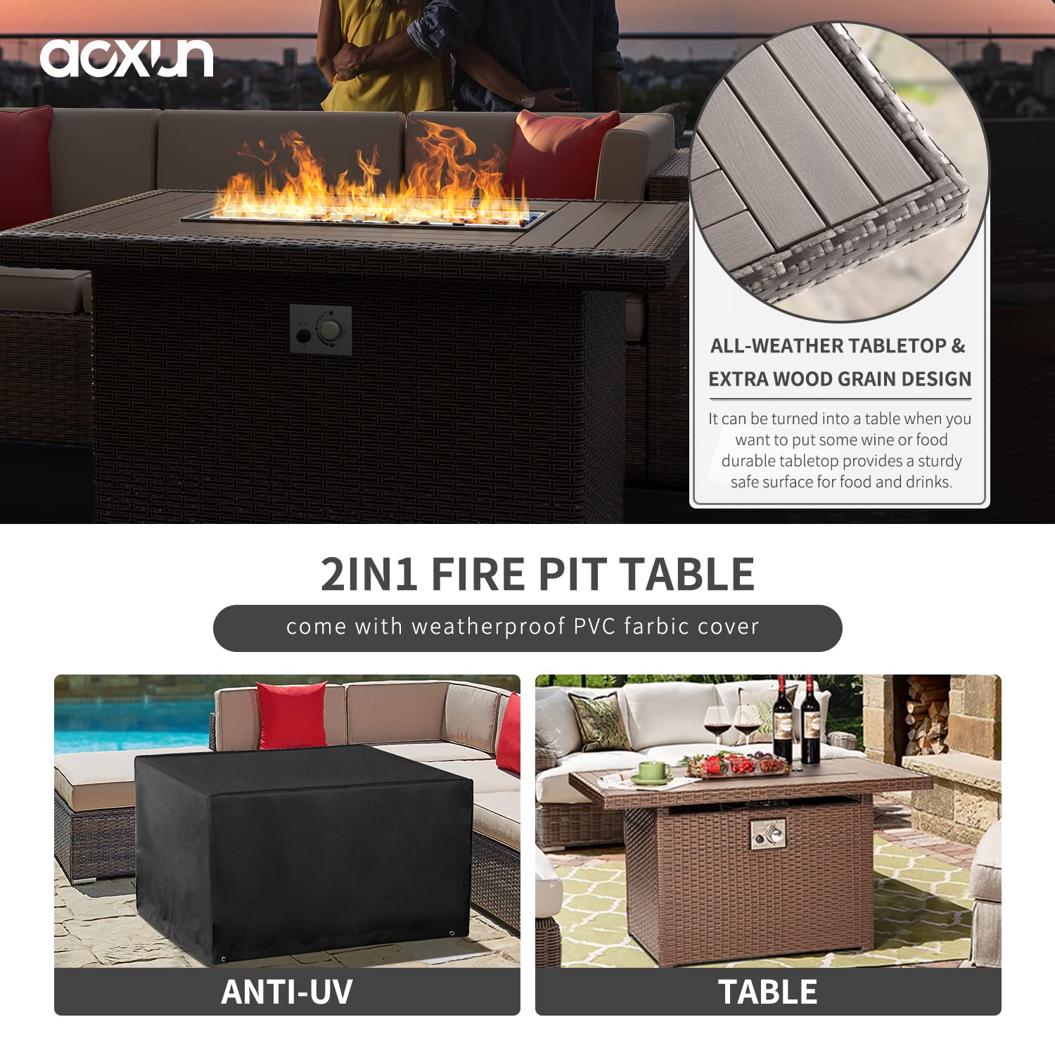 Aoxun Patio Furniture Set 8PCS with 40" Fire Pit Table Outdoor Sectional Sofa Set Wicker Furniture Set with Coffee Table(Brown)