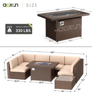 Aoxun Patio Furniture Set 8PCS with 40" Fire Pit Table Outdoor Sectional Sofa Set Wicker Furniture Set with Coffee Table(Brown)