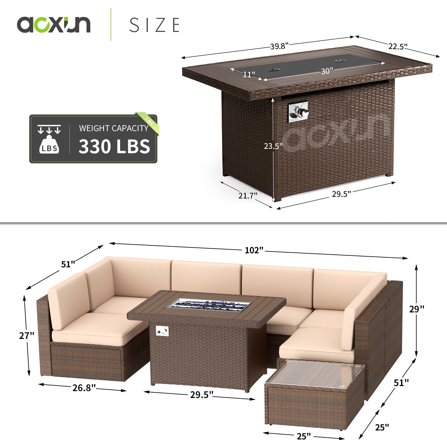 Aoxun Patio Furniture Set 8PCS with 40" Fire Pit Table Outdoor Sectional Sofa Set Wicker Furniture Set with Coffee Table(Brown)