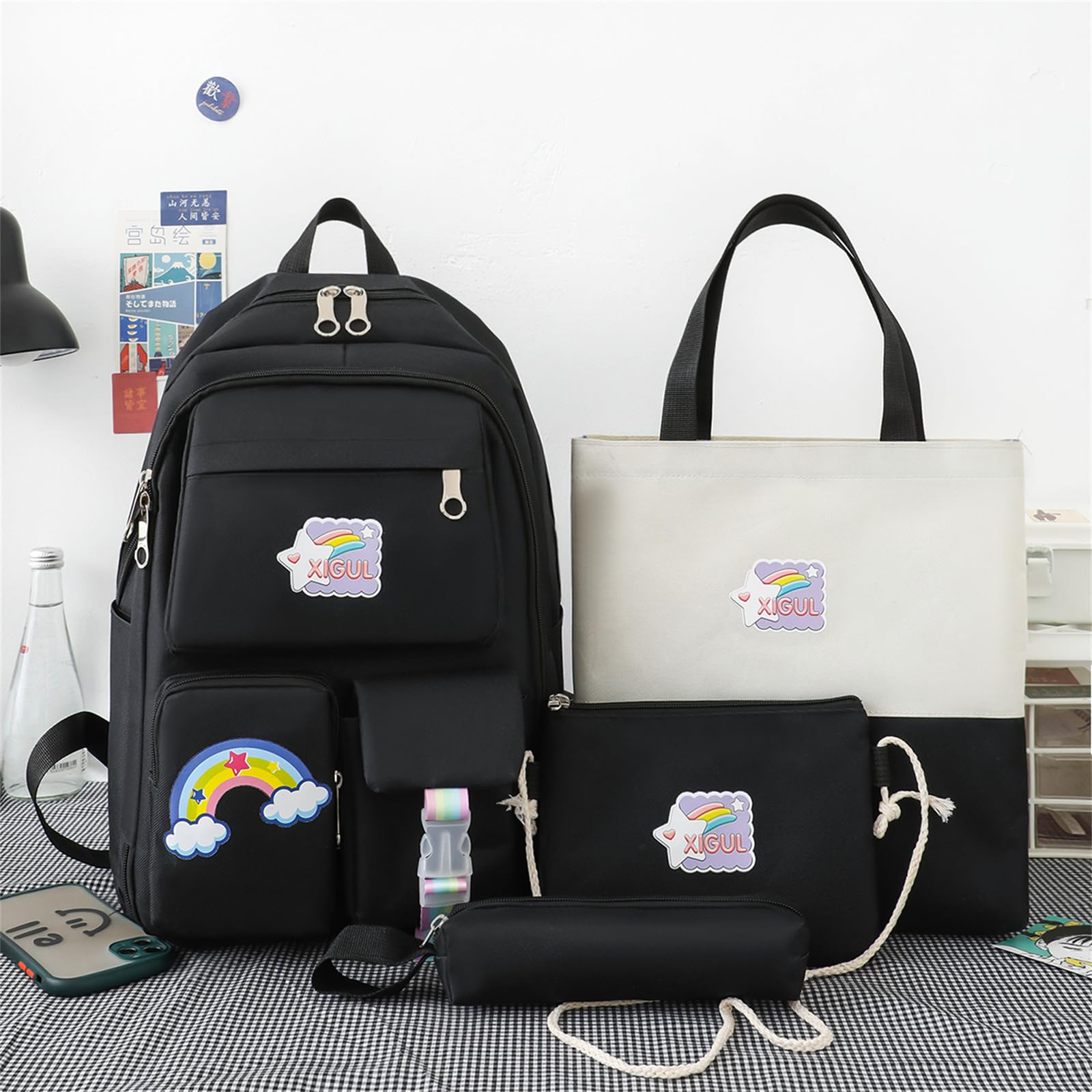 HAN YUAN Kawaii Backpack set 4Pcs Aesthetic School Bags cute backpack set for Girls Teen Back to School