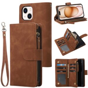 ranyok wallet case for iphone 15 (6.1 inch) with rfid blocking credit card holder, premium pu leather [zipper pocket] flip folio case wallet with wrist strap kickstand protective case (brown)