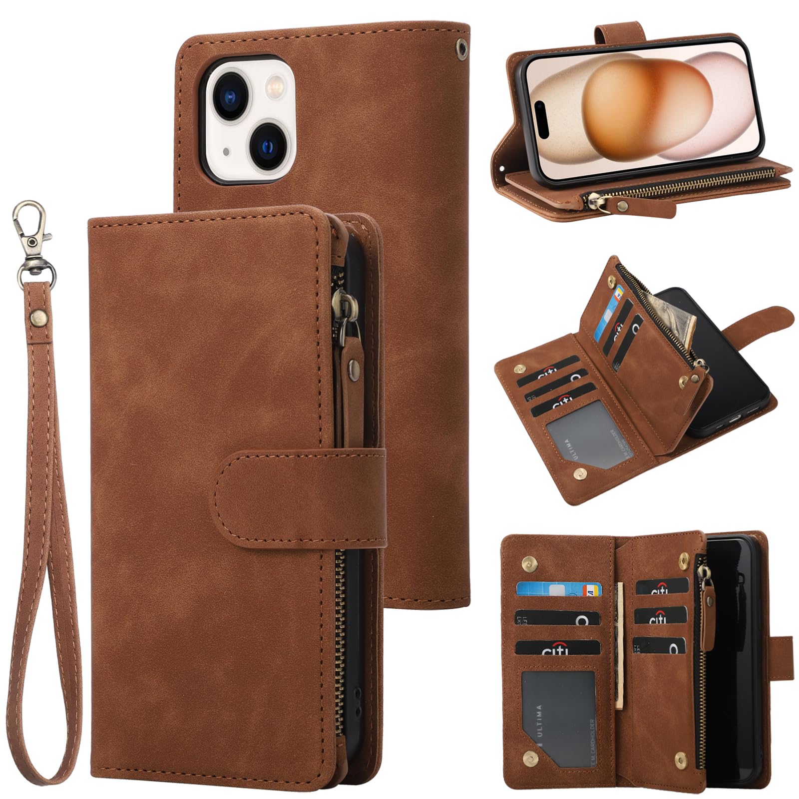 RANYOK Wallet Case for iPhone 15 (6.1 inch) with RFID Blocking Credit Card Holder, Premium PU Leather [Zipper Pocket] Flip Folio Case Wallet with Wrist Strap Kickstand Protective Case (Brown)