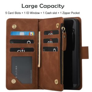 RANYOK Wallet Case for iPhone 15 (6.1 inch) with RFID Blocking Credit Card Holder, Premium PU Leather [Zipper Pocket] Flip Folio Case Wallet with Wrist Strap Kickstand Protective Case (Brown)