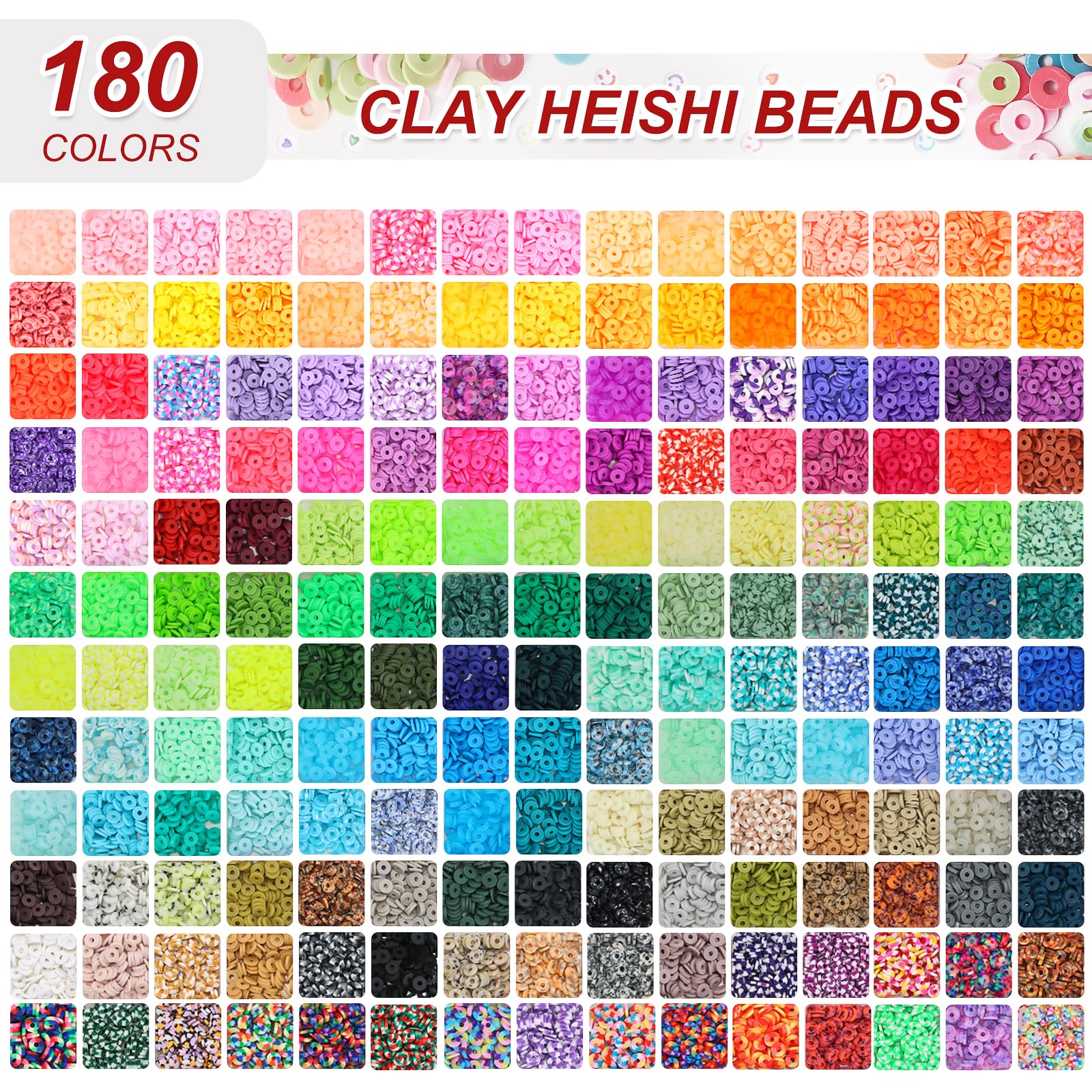 QUEFE 18000pcs, 180 Colors Clay Beads, Charm Bracelet Making kit with Letter Beads Charms, Polymer Heishi Beads for Jewelry, for Crafts Christmas Gifts