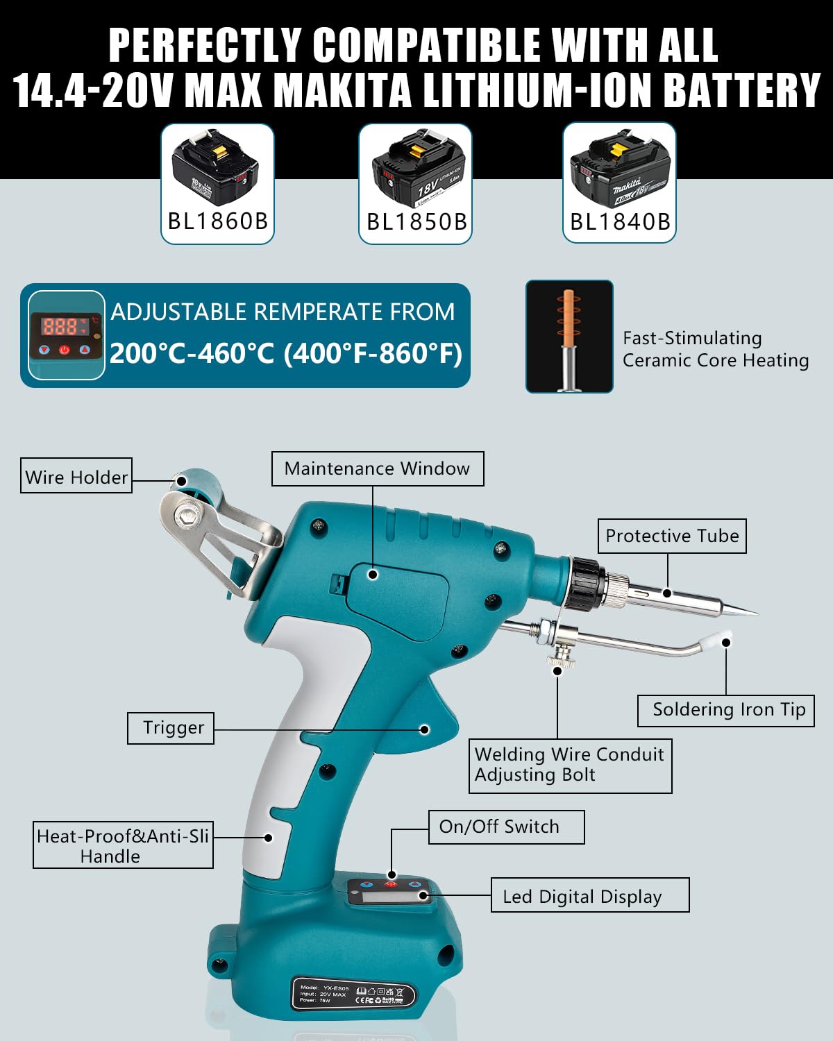 Cordless Soldering Iron Kit for Makita 18v LXT Battery,75W LED Digital Solder Iron Soldering Gun with 5pcs Tips,50g 0.04” Solder Wire for any Hobby Enthusiast (Battery not included)