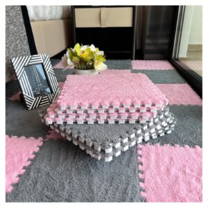 12pcs plush interlocking foam mat, shaggy puzzle play flooring, fuzzy carpet tiles, 12x12inch square area rugs for bedroom playroom(color:pink+gray)