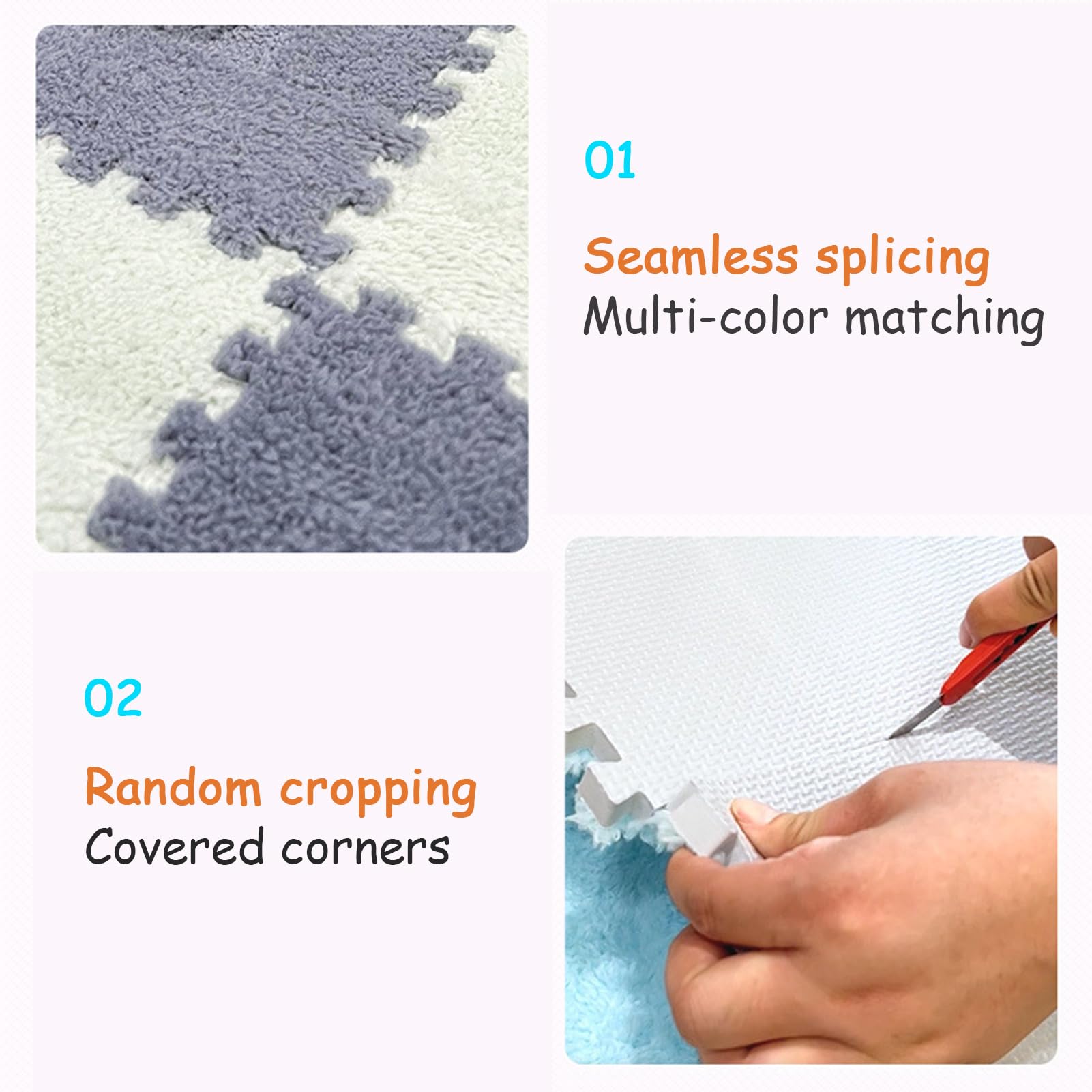 12pcs Plush Interlocking Foam Mat, Shaggy Puzzle Play Flooring, Fuzzy Carpet Tiles, 12x12inch Square Area Rugs for Bedroom Playroom(Color:Pink+Gray)