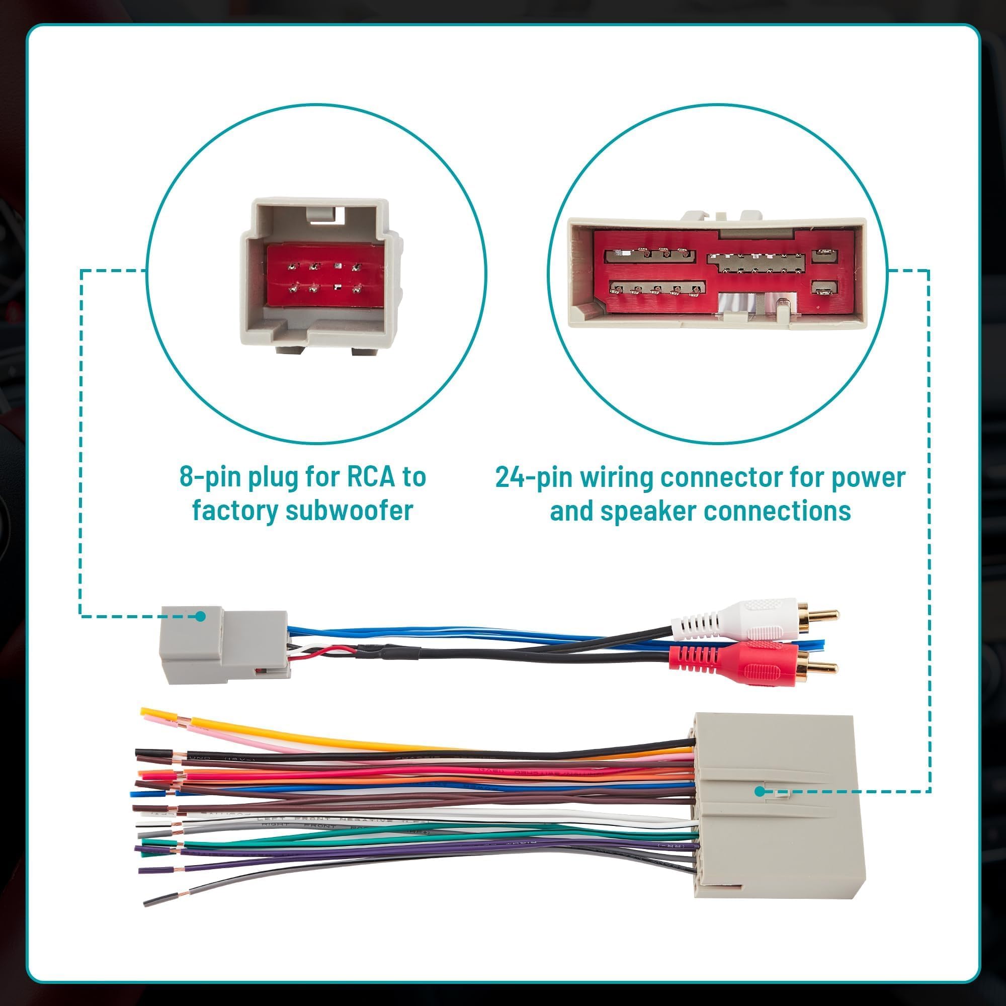 NuIth Car Radio Wiring Harness with RCA Plug Compatible with Selected 2003-2013 Ford/Lincoln/Mercury Vehicles, 24+8 Pin w/RCA Input Radio Wire Harness Adapter to Subwoofer Input Connector