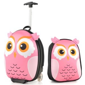 goplus 2pc kids carry on luggage set, 16" rolling suitcase & 12" backpack, airline approved travel trolley luggage with wheels for toddlers children girls boys (owl)