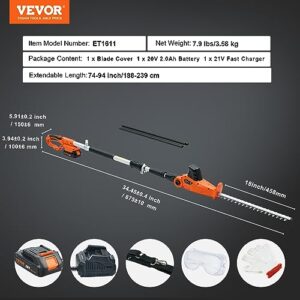 VEVOR Pole Cordless Hedge Trimmer, 20V Electric Bush Trimmer Kit with 18 inch Double-Edged Steel Blade, 74"-94" Telescoping Design for High Branches(2.0Ah Battery & Fast Charger Included)