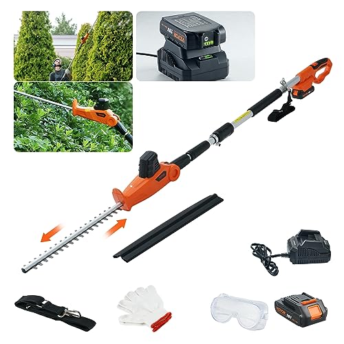 VEVOR Pole Cordless Hedge Trimmer, 20V Electric Bush Trimmer Kit with 18 inch Double-Edged Steel Blade, 74"-94" Telescoping Design for High Branches(2.0Ah Battery & Fast Charger Included)