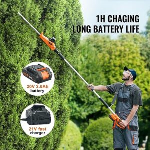 VEVOR Pole Cordless Hedge Trimmer, 20V Electric Bush Trimmer Kit with 18 inch Double-Edged Steel Blade, 74"-94" Telescoping Design for High Branches(2.0Ah Battery & Fast Charger Included)