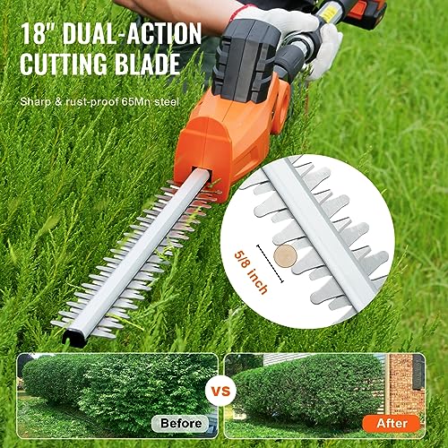 VEVOR Pole Cordless Hedge Trimmer, 20V Electric Bush Trimmer Kit with 18 inch Double-Edged Steel Blade, 74"-94" Telescoping Design for High Branches(2.0Ah Battery & Fast Charger Included)