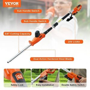 VEVOR Pole Cordless Hedge Trimmer, 20V Electric Bush Trimmer Kit with 18 inch Double-Edged Steel Blade, 74"-94" Telescoping Design for High Branches(2.0Ah Battery & Fast Charger Included)