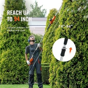 VEVOR Pole Cordless Hedge Trimmer, 20V Electric Bush Trimmer Kit with 18 inch Double-Edged Steel Blade, 74"-94" Telescoping Design for High Branches(2.0Ah Battery & Fast Charger Included)