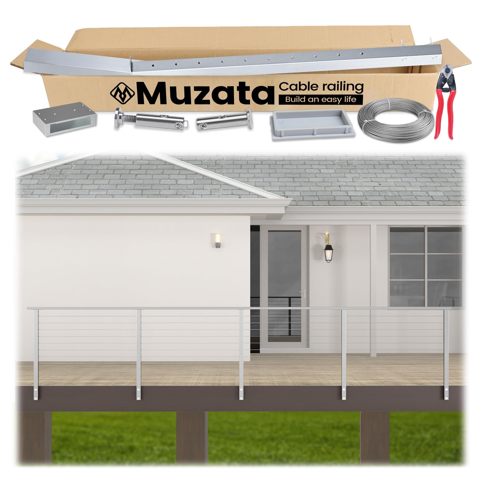 Muzata 6'6"-13' Side Mount Complete Kit Cable Railing System 36" Brushed Cable Railing Post with Cable Rail Handrail Super Easy Length Adjustable Deck Railing for Level Section RCF2 LH4S