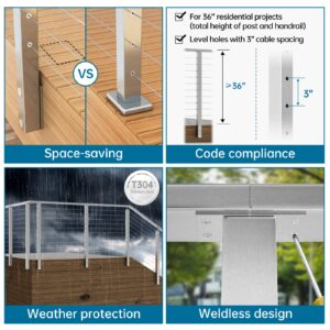 Muzata 6'6"-13' Side Mount Complete Kit Cable Railing System 36" Brushed Cable Railing Post with Cable Rail Handrail Super Easy Length Adjustable Deck Railing for Level Section RCF2 LH4S