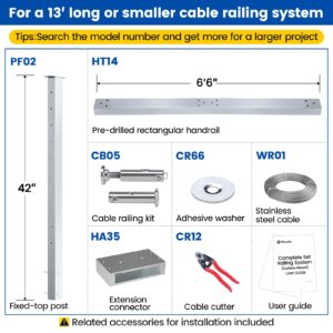 Muzata 6'6"-13' Side Mount Complete Kit Cable Railing System 36" Brushed Cable Railing Post with Cable Rail Handrail Super Easy Length Adjustable Deck Railing for Level Section RCF2 LH4S