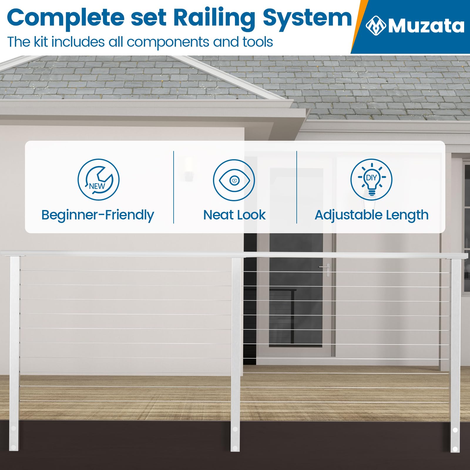 Muzata 6'6"-13' Side Mount Complete Kit Cable Railing System 36" Brushed Cable Railing Post with Cable Rail Handrail Super Easy Length Adjustable Deck Railing for Level Section RCF2 LH4S