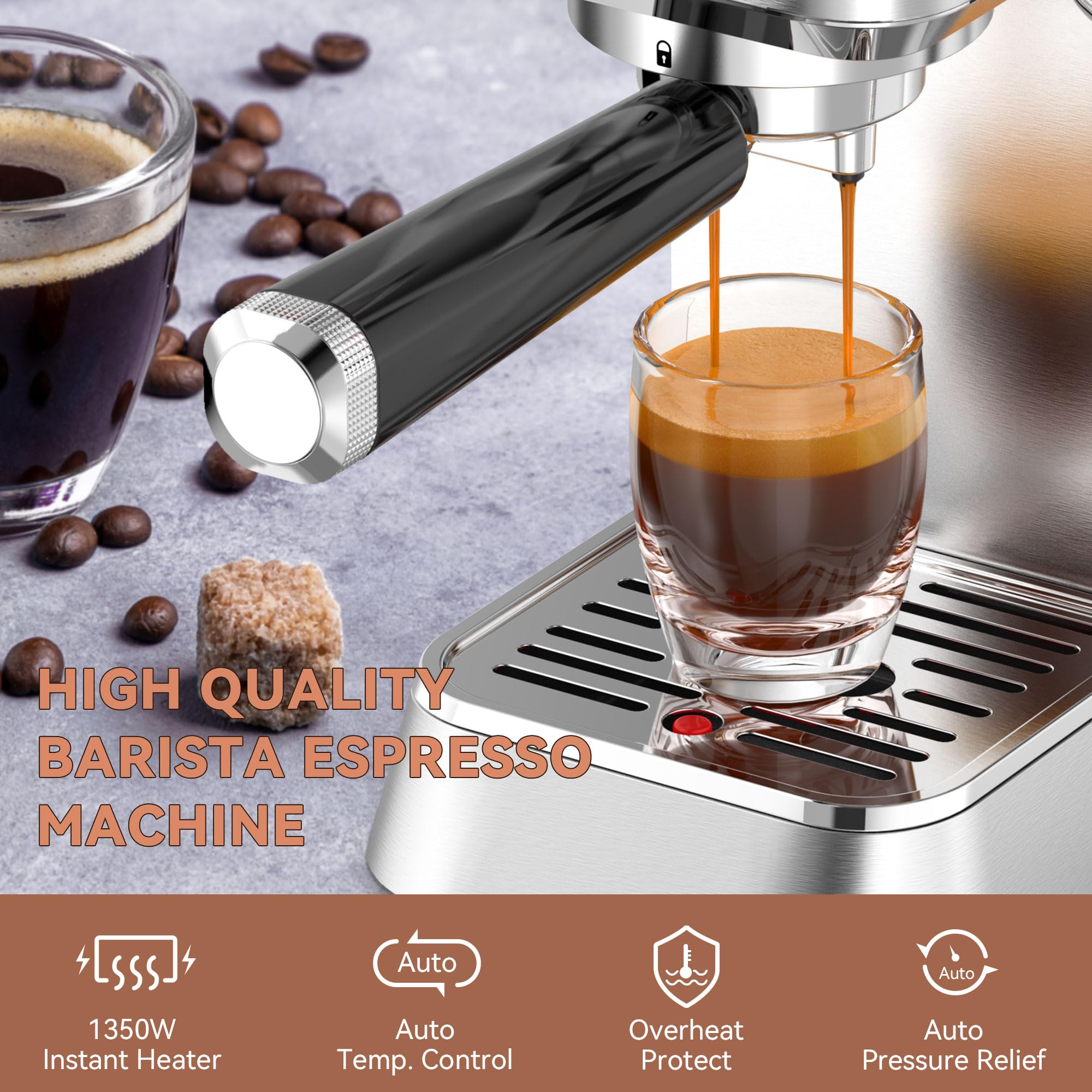 KitchenBoss Espresso Machine with Milk Frother 20 Bar Professional Compact Barista Espresso Machines with Steam Wand, Automatic Fast Heating Cappuccino Machine and Latte Coffee Maker