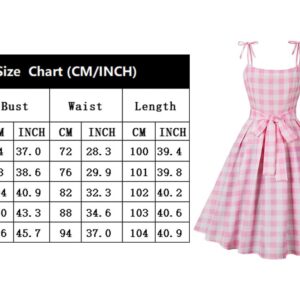 Nihsatin Barbie Pink Swing Dress Tie Shoulder Plaid Printed Knot Waist Dress