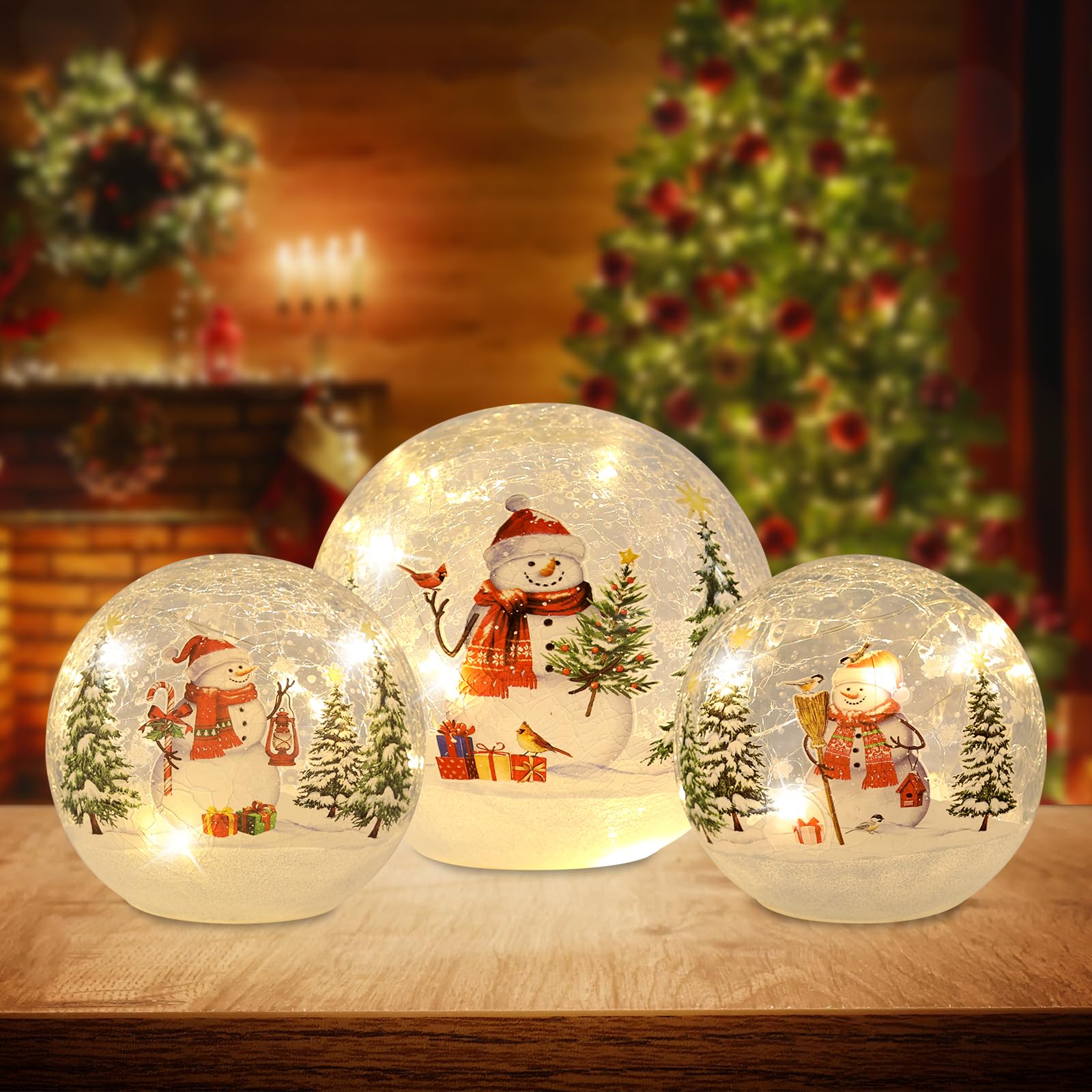 YEAHOME Christmas Decorations Indoor, Set of 3 Crackle Glass Ball with LED Lights Christmas Snowman Home Decor, Christmas Table Decorations Lighted Globes with Timer for Mantel Fireplace Tabletop