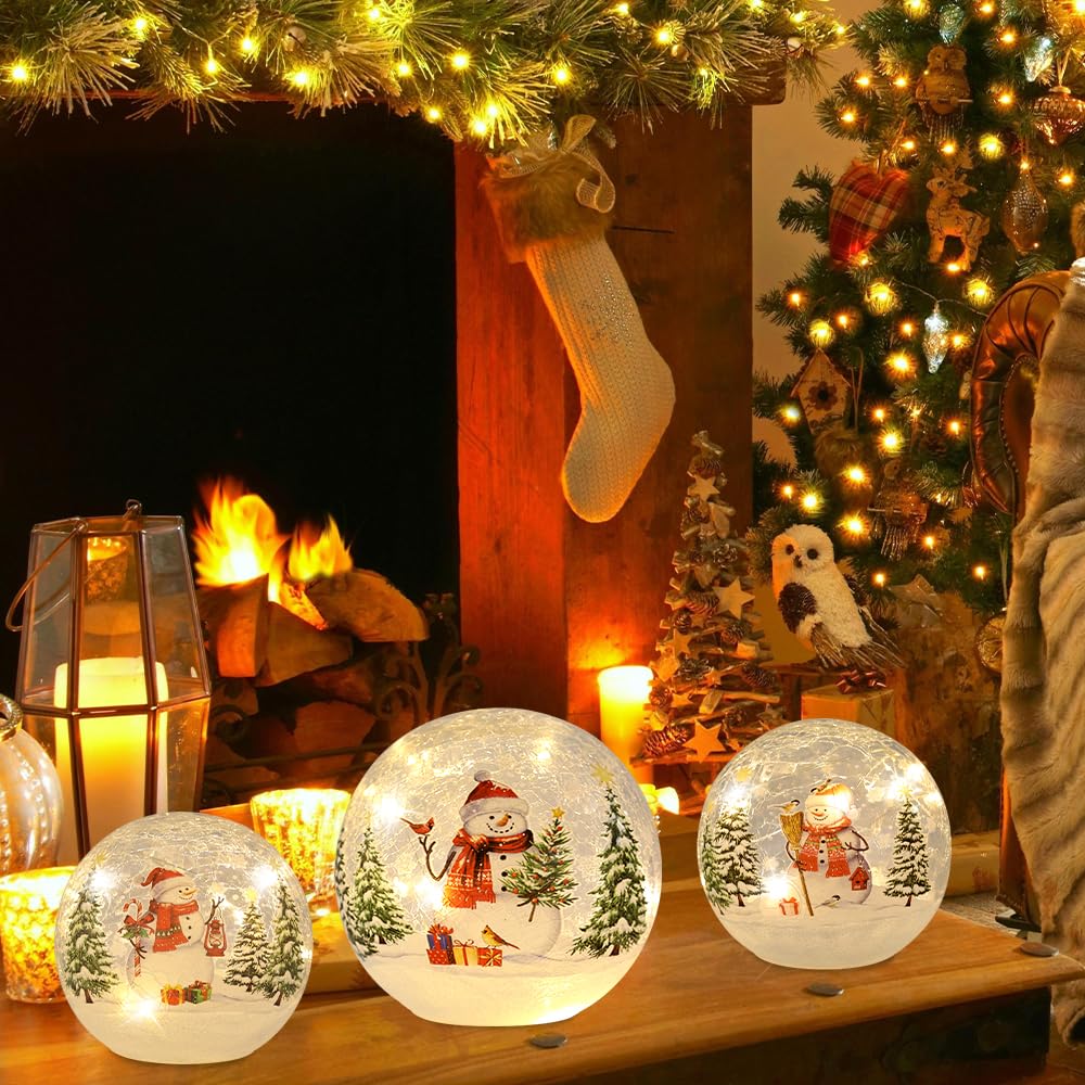 YEAHOME Christmas Decorations Indoor, Set of 3 Crackle Glass Ball with LED Lights Christmas Snowman Home Decor, Christmas Table Decorations Lighted Globes with Timer for Mantel Fireplace Tabletop