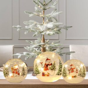 YEAHOME Christmas Decorations Indoor, Set of 3 Crackle Glass Ball with LED Lights Christmas Snowman Home Decor, Christmas Table Decorations Lighted Globes with Timer for Mantel Fireplace Tabletop