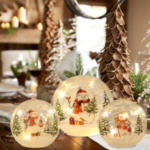 YEAHOME Christmas Decorations Indoor, Set of 3 Crackle Glass Ball with LED Lights Christmas Snowman Home Decor, Christmas Table Decorations Lighted Globes with Timer for Mantel Fireplace Tabletop