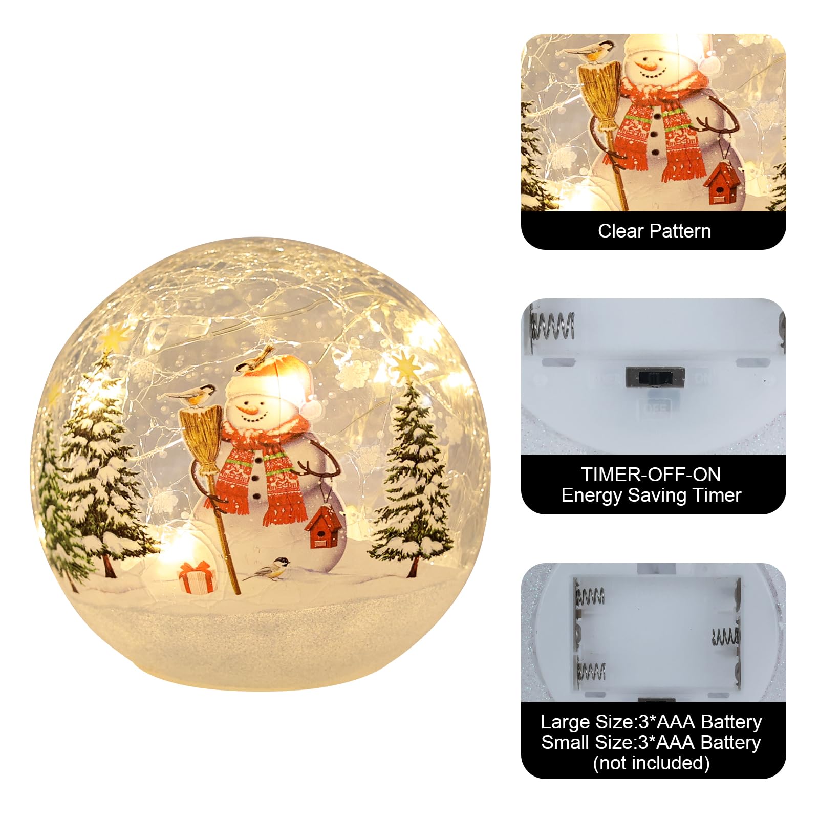 YEAHOME Christmas Decorations Indoor, Set of 3 Crackle Glass Ball with LED Lights Christmas Snowman Home Decor, Christmas Table Decorations Lighted Globes with Timer for Mantel Fireplace Tabletop