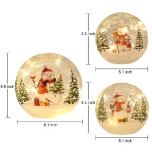 YEAHOME Christmas Decorations Indoor, Set of 3 Crackle Glass Ball with LED Lights Christmas Snowman Home Decor, Christmas Table Decorations Lighted Globes with Timer for Mantel Fireplace Tabletop