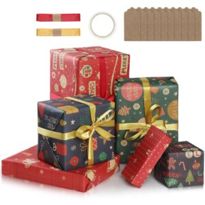 suppeak christmas wrapping paper, 6 sheets 20 * 28 inch recyclable gift wrap set with 10 tags, 2 pcs 79 inch ribbons and tapes for christmas, birthday, graduation, party, anniversary, gifts