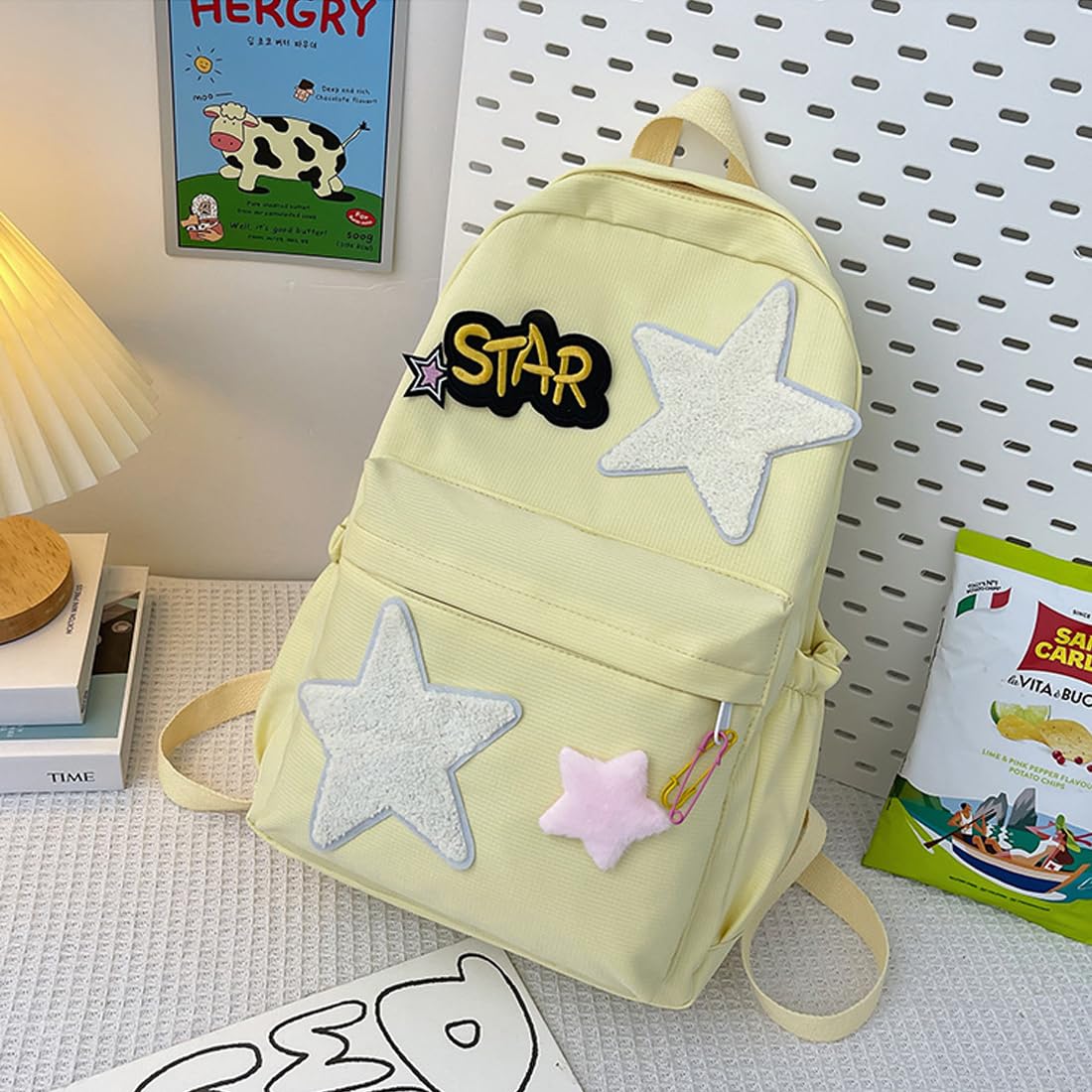 DuofLily Hiking Travel Backpack Trendy Y2K Stars Backpack Cute Aesthetic College Laptop Backpack Casual Daypack With pendant (yellow)