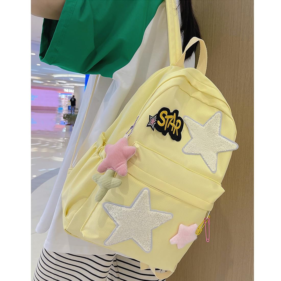 DuofLily Hiking Travel Backpack Trendy Y2K Stars Backpack Cute Aesthetic College Laptop Backpack Casual Daypack With pendant (yellow)