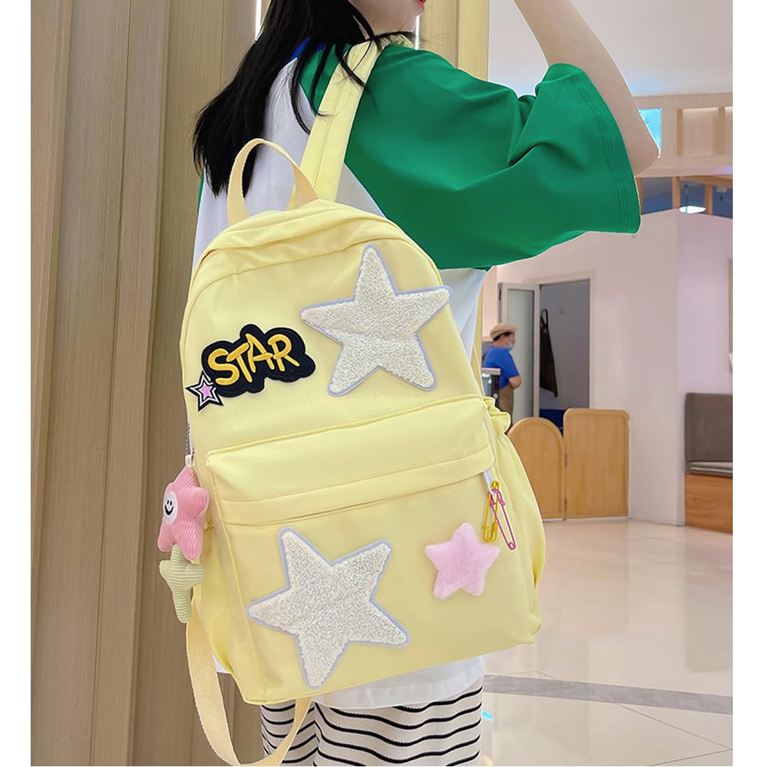 DuofLily Hiking Travel Backpack Trendy Y2K Stars Backpack Cute Aesthetic College Laptop Backpack Casual Daypack With pendant (yellow)