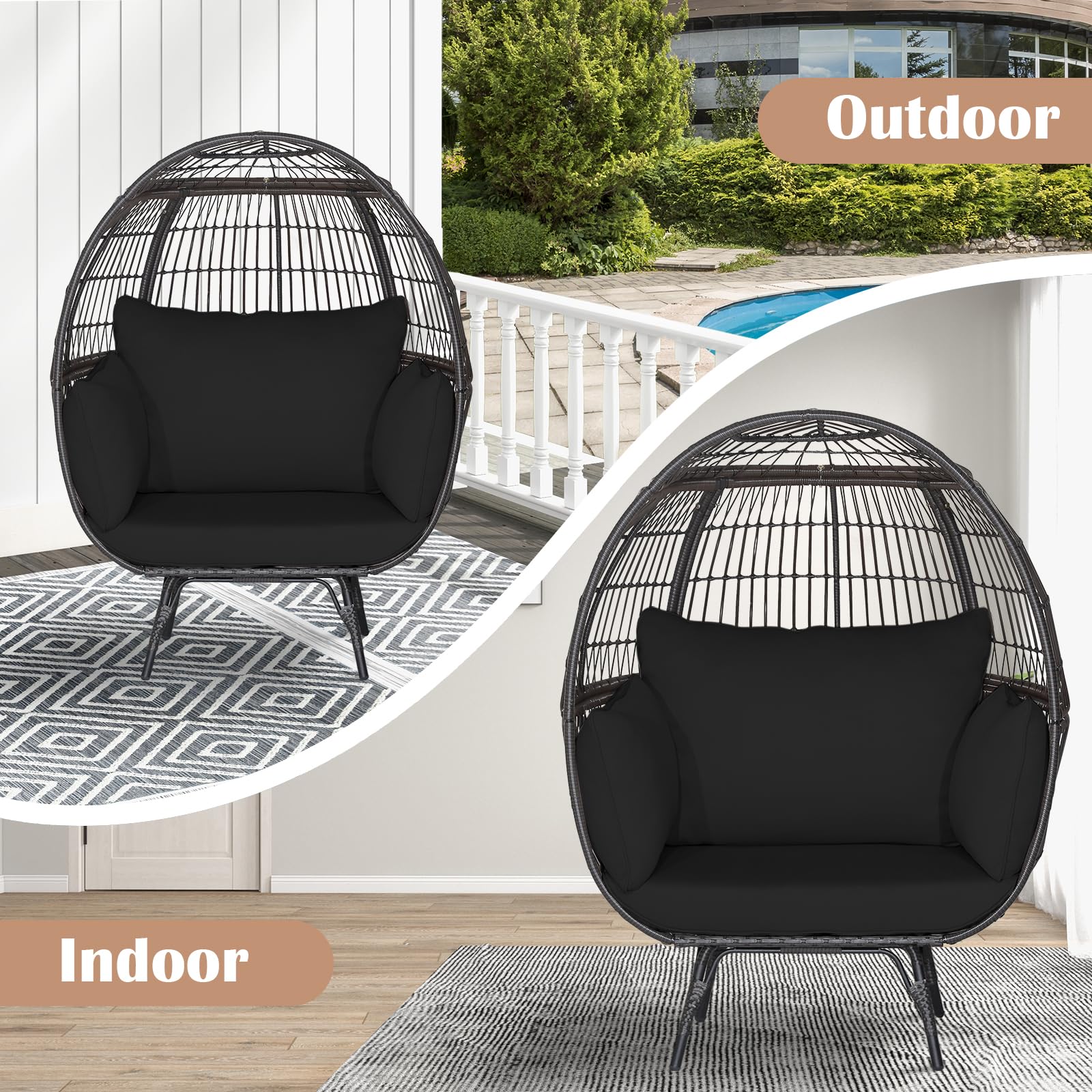 Giantex Oversized Wicker Egg Chair, Outdoor & Indoor Hammock Chair with Thick Cushions, 2-Person PE Rattan Lounge Chair Swing Chair for Patio, Backyard,Porch, 450 LBS Weight Capacity (Black)