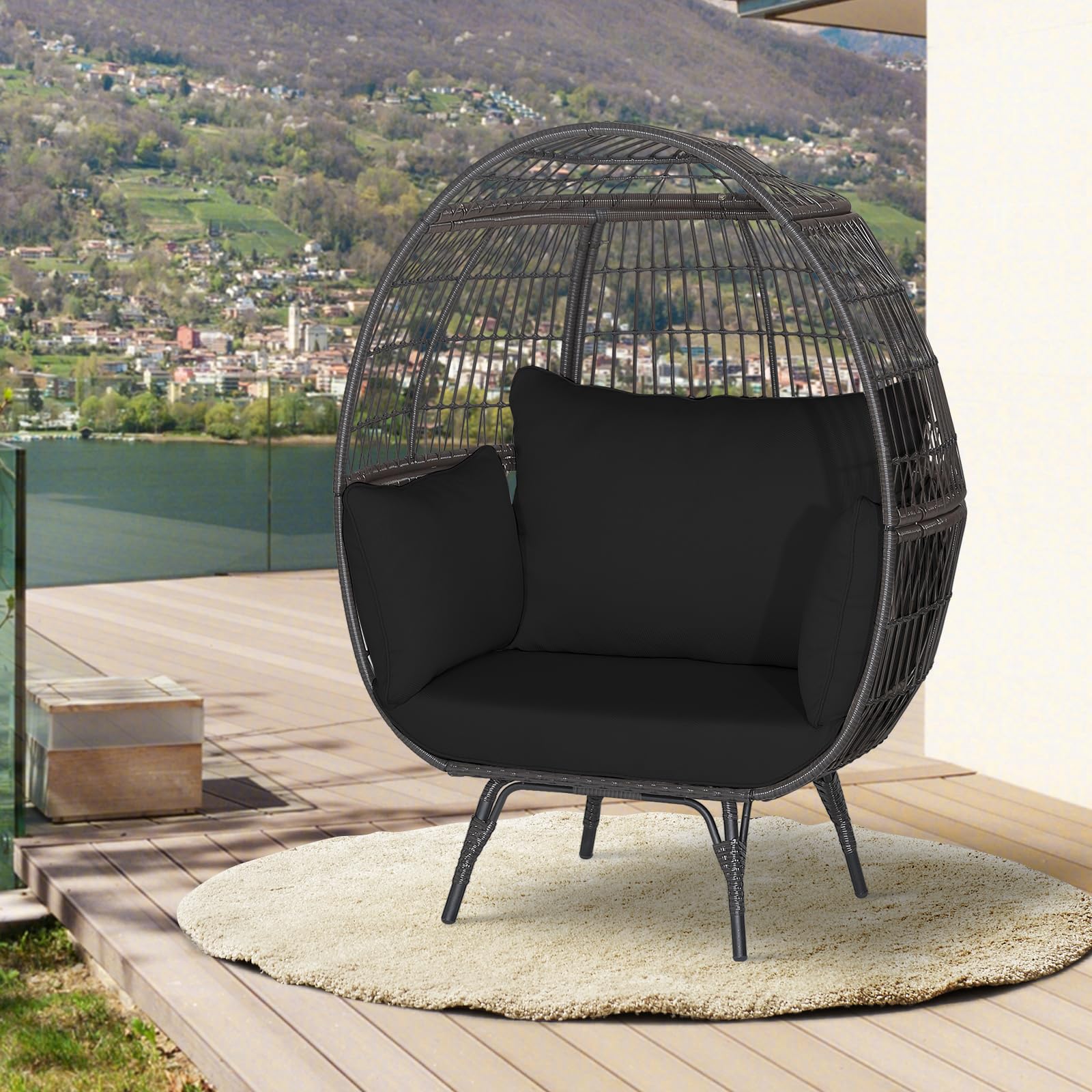 Giantex Oversized Wicker Egg Chair, Outdoor & Indoor Hammock Chair with Thick Cushions, 2-Person PE Rattan Lounge Chair Swing Chair for Patio, Backyard,Porch, 450 LBS Weight Capacity (Black)