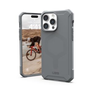 urban armor gear uag case [updated version] compatible with iphone 15 pro max case 6.7" essential armor silver built-in magnet compatible with magsafe charging rugged military grade protective cover